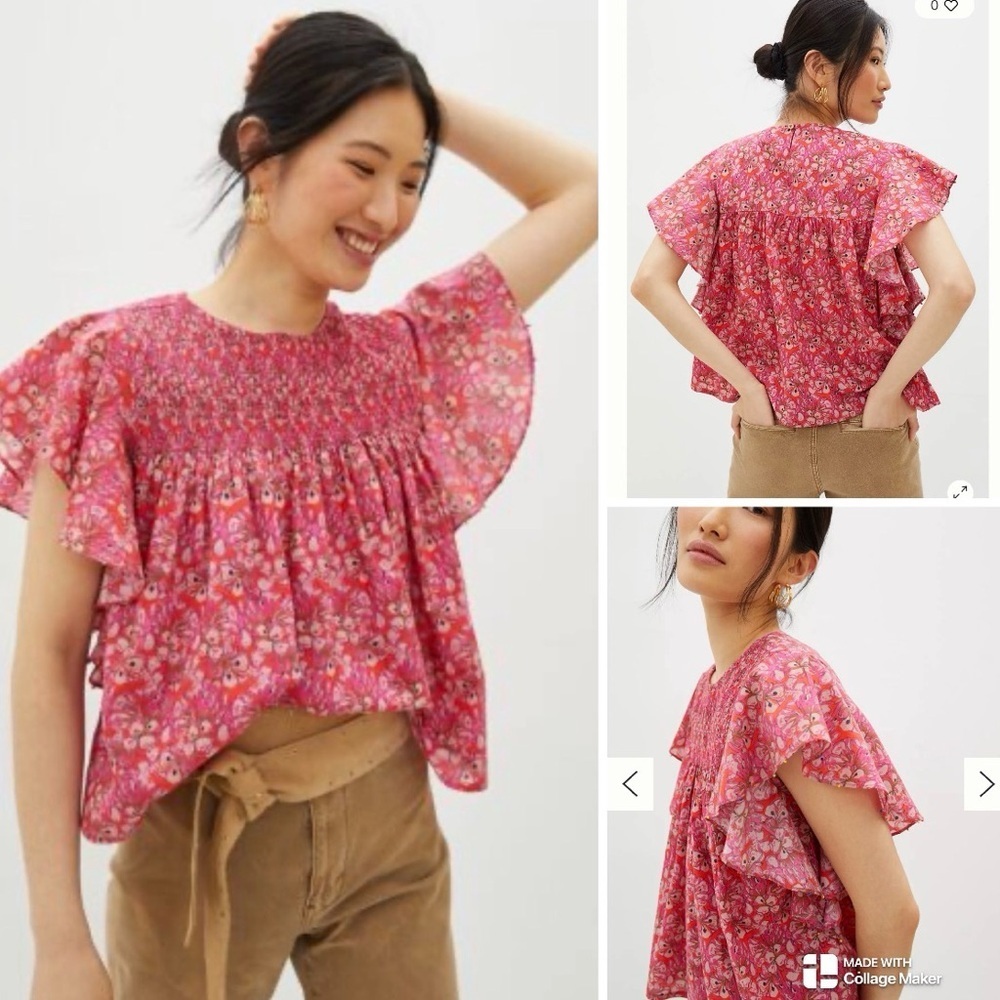 Anthropologie Pink Floral Smocked Flutter-Sleeve Blouse